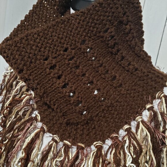 NEW Hand Knitted Brown Infinity Boho Cowl Scarf Fringe Artsy Indie Cottage - Picture 5 of 6